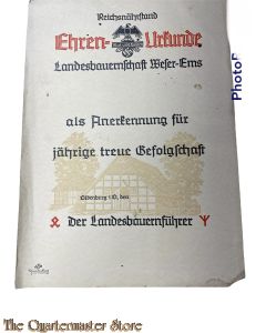 Urkunde Treue Gefolgschaft der Reichsnahrstand Landesbauernschaft Weser-Ems