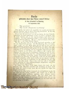 Brochure NSB  ;   Rede gehouden door den Führer Adolf Hitler in den Artushof te Dantzig, 19. September 1939