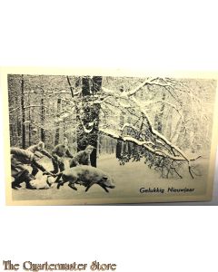 Prent briefkaart mobilisatie 1940 Gelukkig Nieuwjaar soldaten in de sneeuw "jagend" op varken