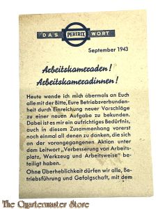 Das PERTRIX Wort Arbeitskameraden ! Arbeitskameradinnen !  september 1943