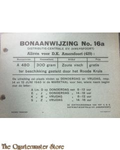 Bonaanwijzing no. 16a  Distributie centrale XIV  Amersfoort  periode 14 en 15 juni 1945