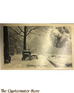 Prent briefkaart 1940 Gelukkig Nieuwjaar Besneeuwde grachten soldaat voert paard hooi