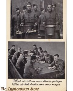 Prent briefkaart mobilisatie 1940 eten halen, geslagen magen